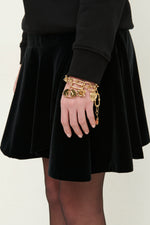 Load image into Gallery viewer, Gulnoza Dilnoza Logo, heart and rose charm double-chain bracelet in gold finish metal