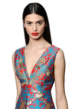 Load image into Gallery viewer, Silk Jacquard Vneck Jewel Embellished and Embroidered Mini Dress