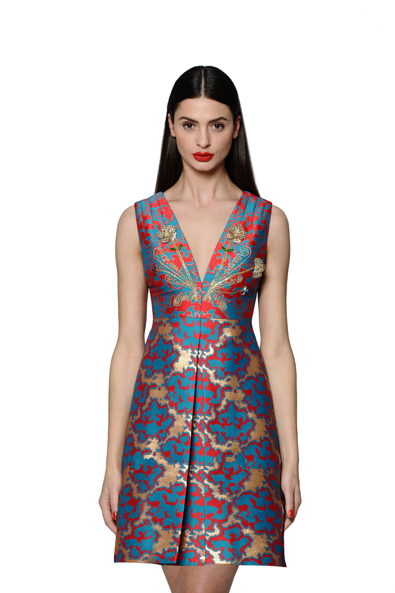 Silk Jacquard Vneck Jewel Embellished and Embroidered Mini Dress