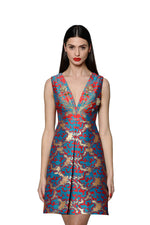Load image into Gallery viewer, Silk Jacquard Vneck Jewel Embellished and Embroidered Mini Dress