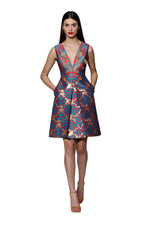 Load image into Gallery viewer, Silk Jacquard Vneck Jewel Embellished and Embroidered Mini Dress
