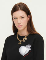 Load image into Gallery viewer, Gulnoza Dilnoza Logo, heart and rose charm double-chain necklace in gold finish metal