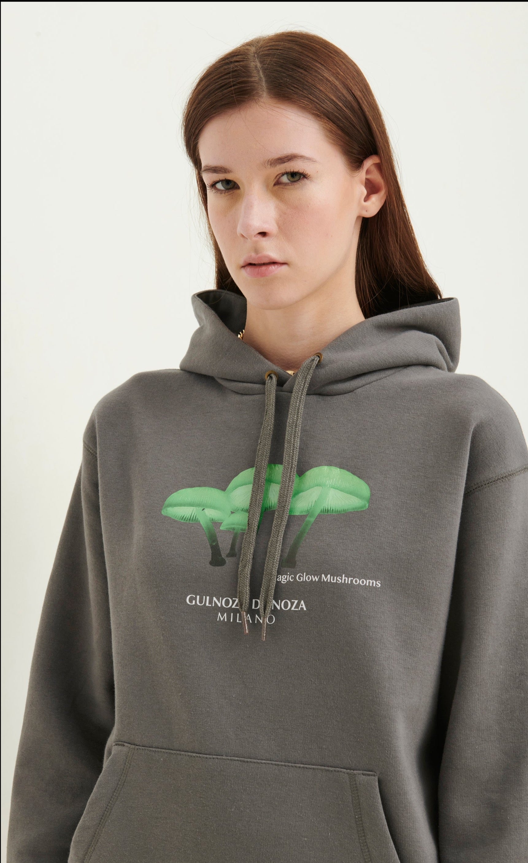 GULNOZA DILNOZA MILANO green glow mushrooms print hoodie in cotton