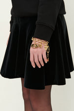 Load image into Gallery viewer, Gulnoza Dilnoza Logo, heart and rose charm double-chain bracelet in gold finish metal

