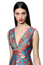 Load image into Gallery viewer, Silk Jacquard Vneck Jewel Embellished and Embroidered Mini Dress
