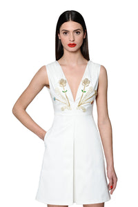 Jewel Embellished and Embroidered White Vneck Mini Dress