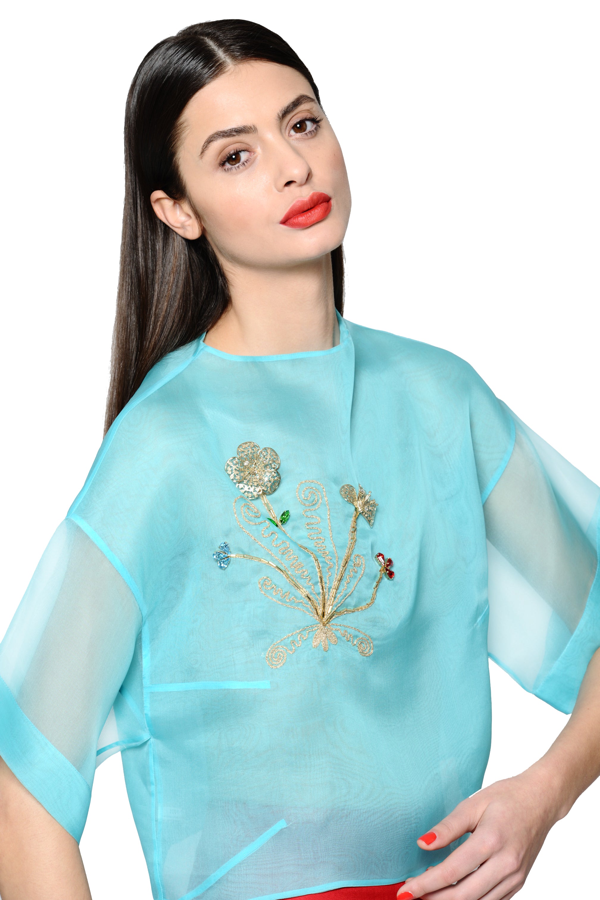 Silk Organza Jewel Embellished and Embroidered Top