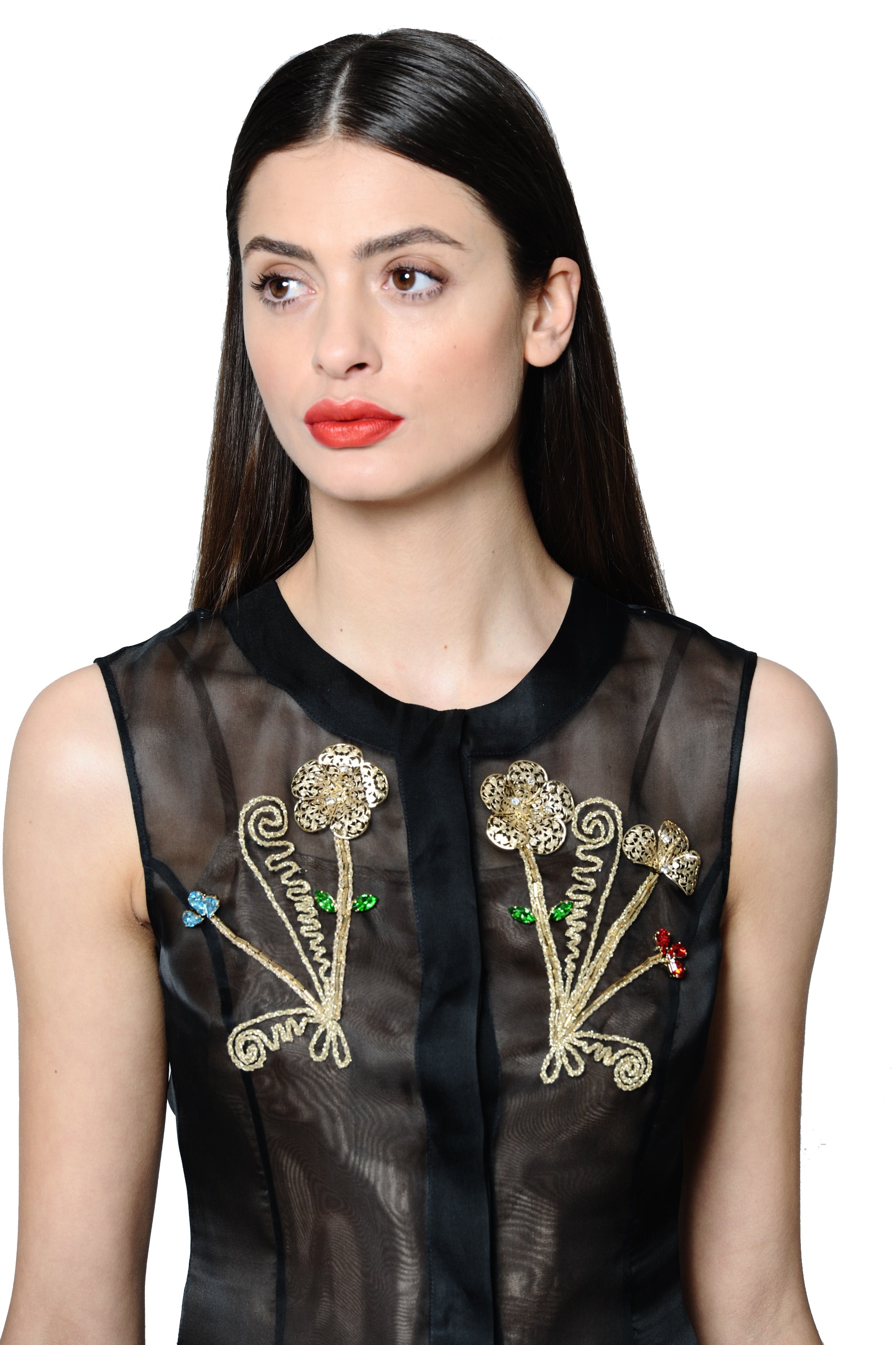 Jewel Embellished and Embroidered Black Silk Crepe de Chine Pleated Dress