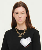 Load image into Gallery viewer, Gulnoza Dilnoza Logo, heart and rose charm double-chain necklace in gold finish metal
